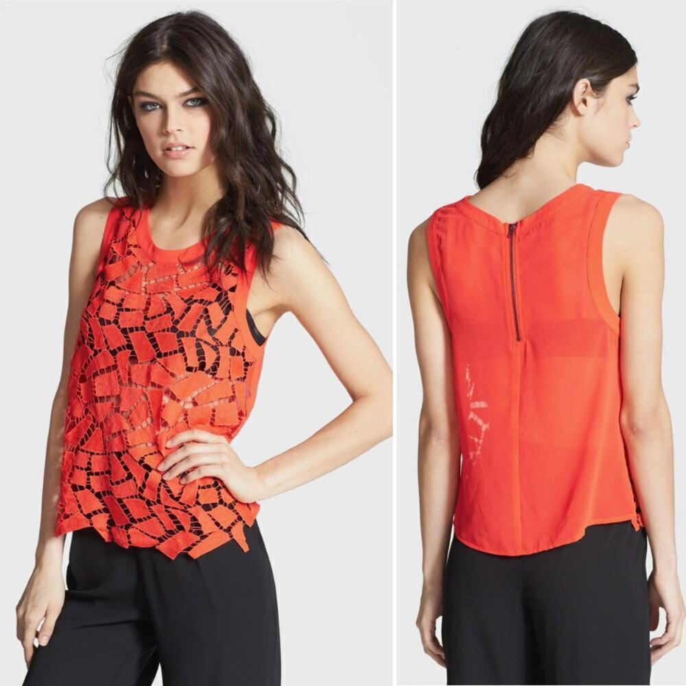 ASTR The Label Geometric Crochet Front Scoop Neck Tank Top Open Knit Bold Orange